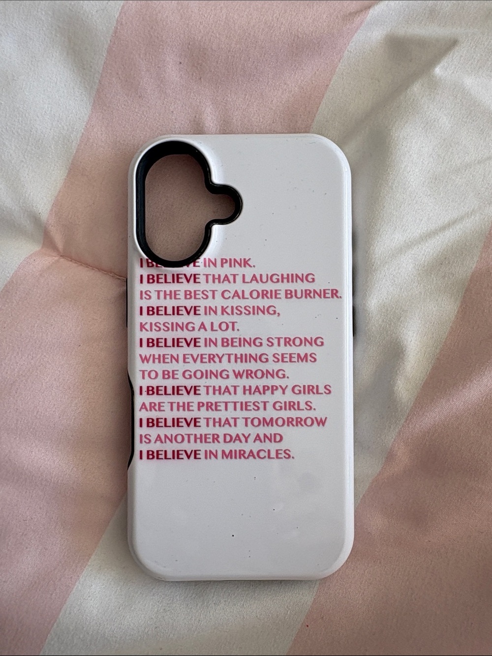 White Phone Case with Pink Text Quote Design - Protective cover for iPhone 16
